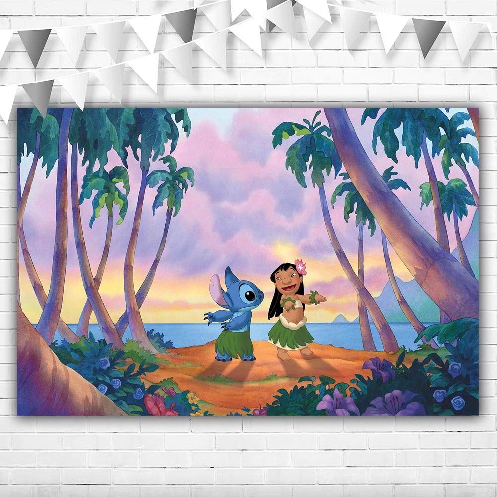 VV Backdrop Cartoon Lilo and Stitch Theme Backdrops 5x3 Summer Hawaii Seaside Lilo and Stitch Happy Birthday Backdrop for Party Vinyl Baby Shower Background Lilo or Stitch for Party-Like new