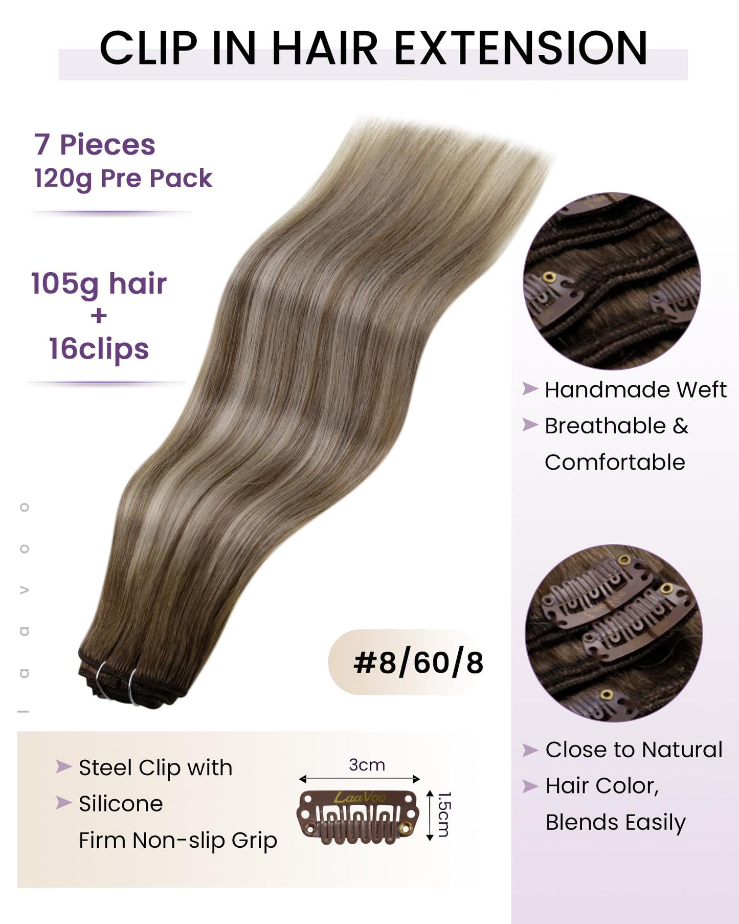 LaaVoo Hair Extensions Clip ins Blonde Ombre Human Hair Clip in Extensions Light Brown Balayage Platinum Blonde Clip in Hair Ext