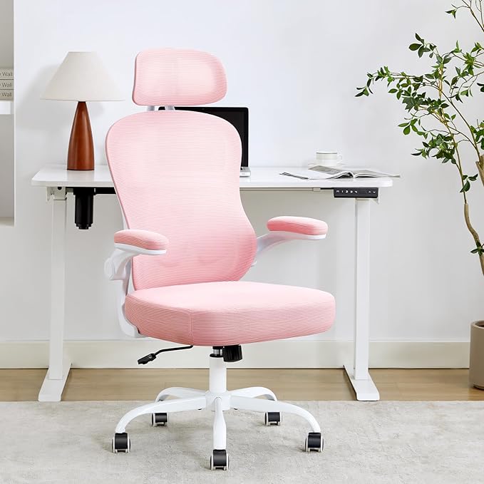 TUKAKA Ergonomic Office Chair,Ultra Thick Office Desk Chair with Adjustable Lumbar Support and Headrest,Spring Cushion,Rocking Function,Flip-up arms,Mesh Computer Chair for Home Office,Pink