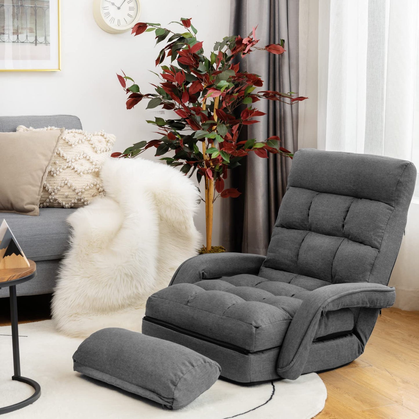 Giantex Folding Floor Chair with 6-Position Adjustable Backrest, Armrests & Removable Pillow, 330Lbs Capacity, Indoor Lazy Sofa Armchair, Chaise Lounger, Gaming Recliner for Living Room Bedroom, Grey