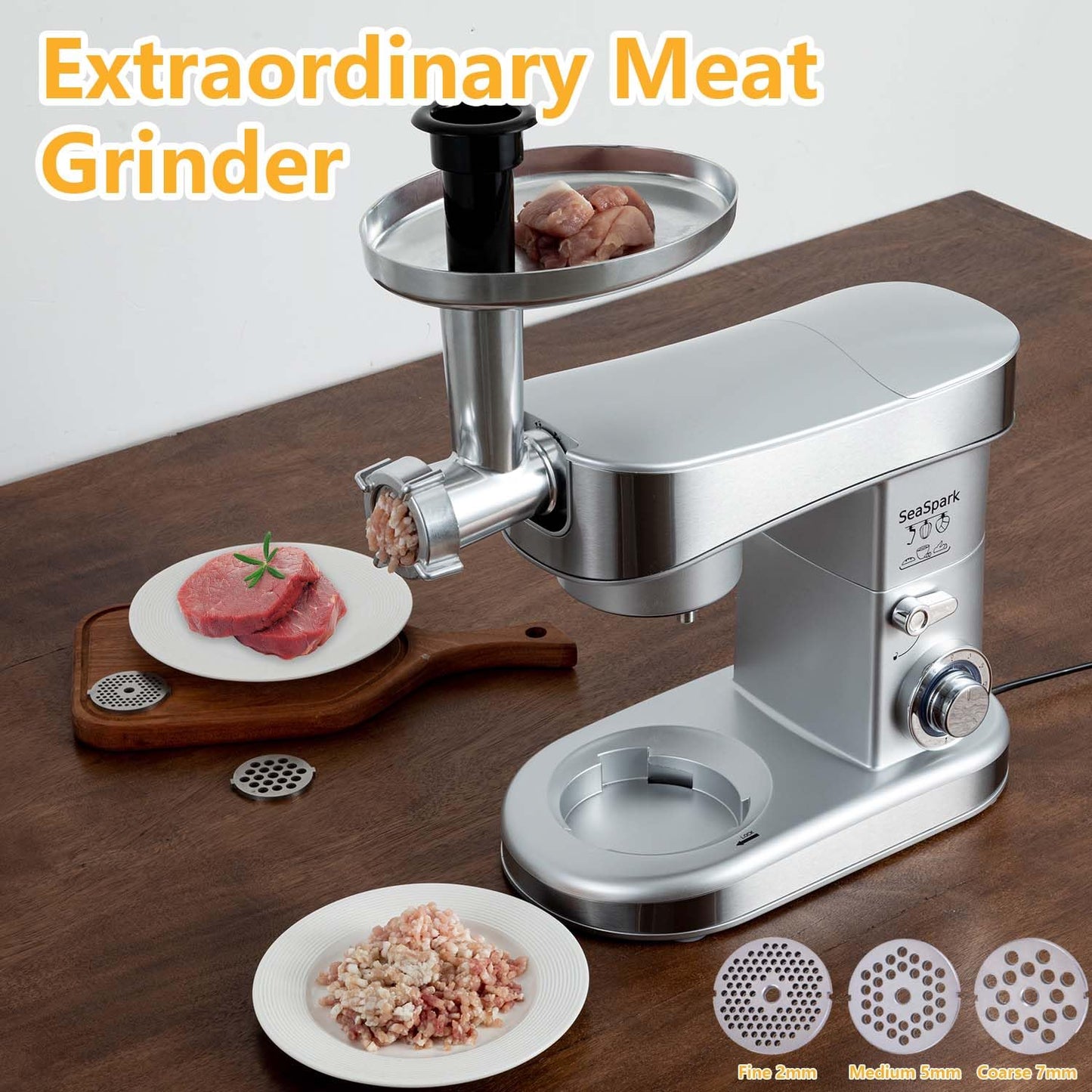SeaSpark Multifunctional Stand Mixer, 6 in 1 Stand Mixer, 6.3Qt Tilt-head, Standing Mixer with Stainless Steel Bowl, Meat Grinder, Juice Blender, for professional Baking and Most Home Cooks, Silver