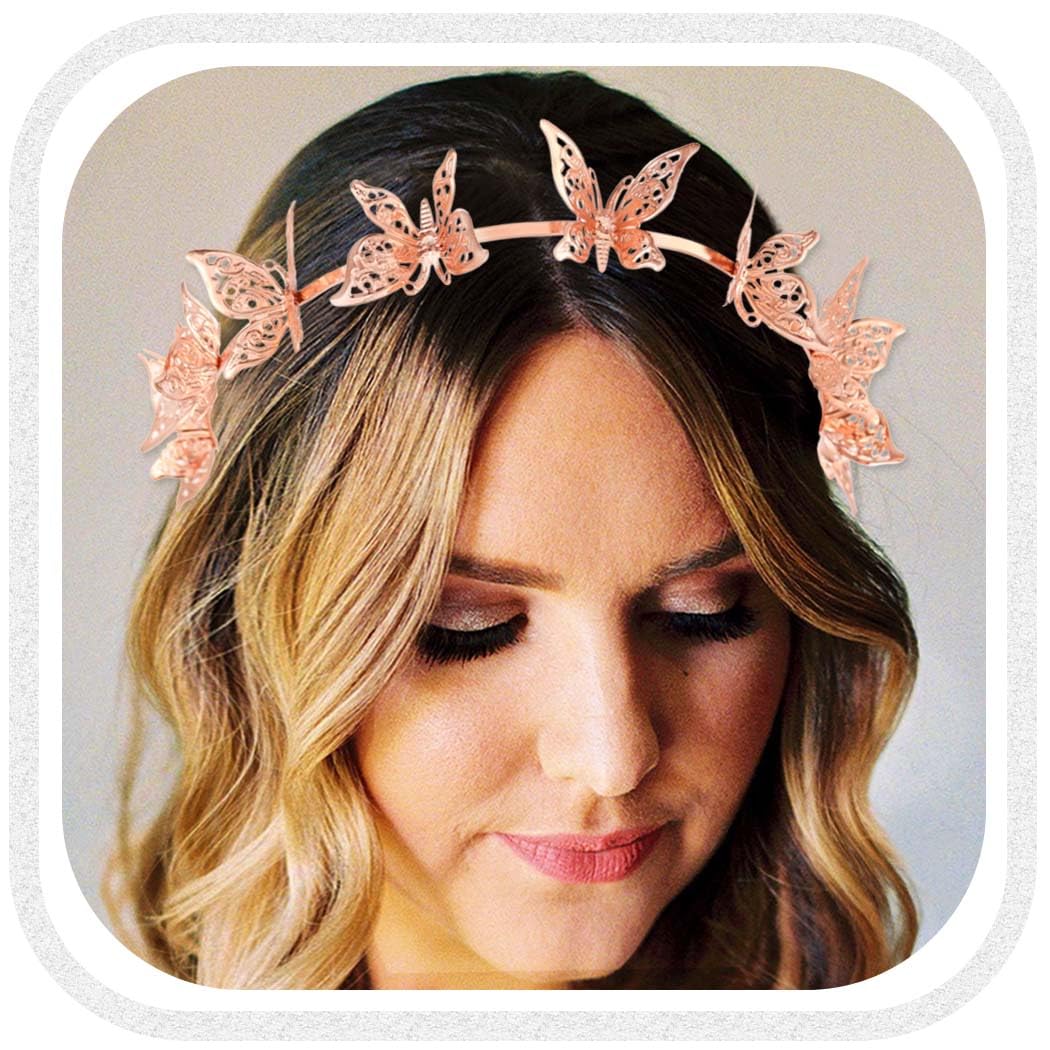 Kilshye Butterfly Gold Tiara Princess Crown Headband fairy Hair Band Wedding Costume Hair Accessories for Girls and Women (Rose