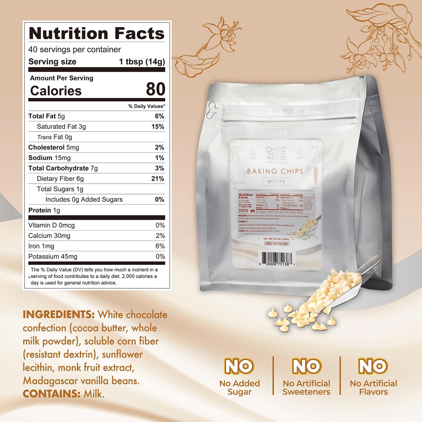 ChocZero White Chocolate Chips - Sugar Free, Low Carb, Keto Friendly, Gluten Free - 20 Ounce Bulk Bag for Baking Keto Diet Cookies and Dessert