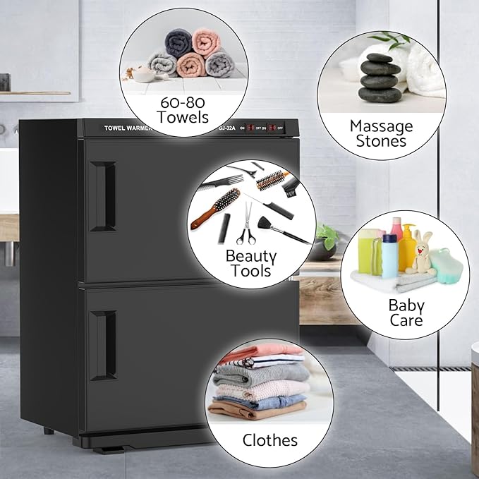 Large 32L Hot Towel Warmer Cabinet for Estheticians, Professional Double Door Towel Heater for Massage, Babers, Facial Spa, Hair Salon, Bathroom