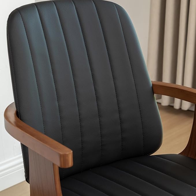 WUPOTO Set of 1 Swivel Dining Chairs, Kitchen Swivel Chairs with Walnut Craftsmanship, Upholstered Faux Leather, Wooden Arms and Legs, Walnut Dining Chairs for Kitchen/Living Room - Black