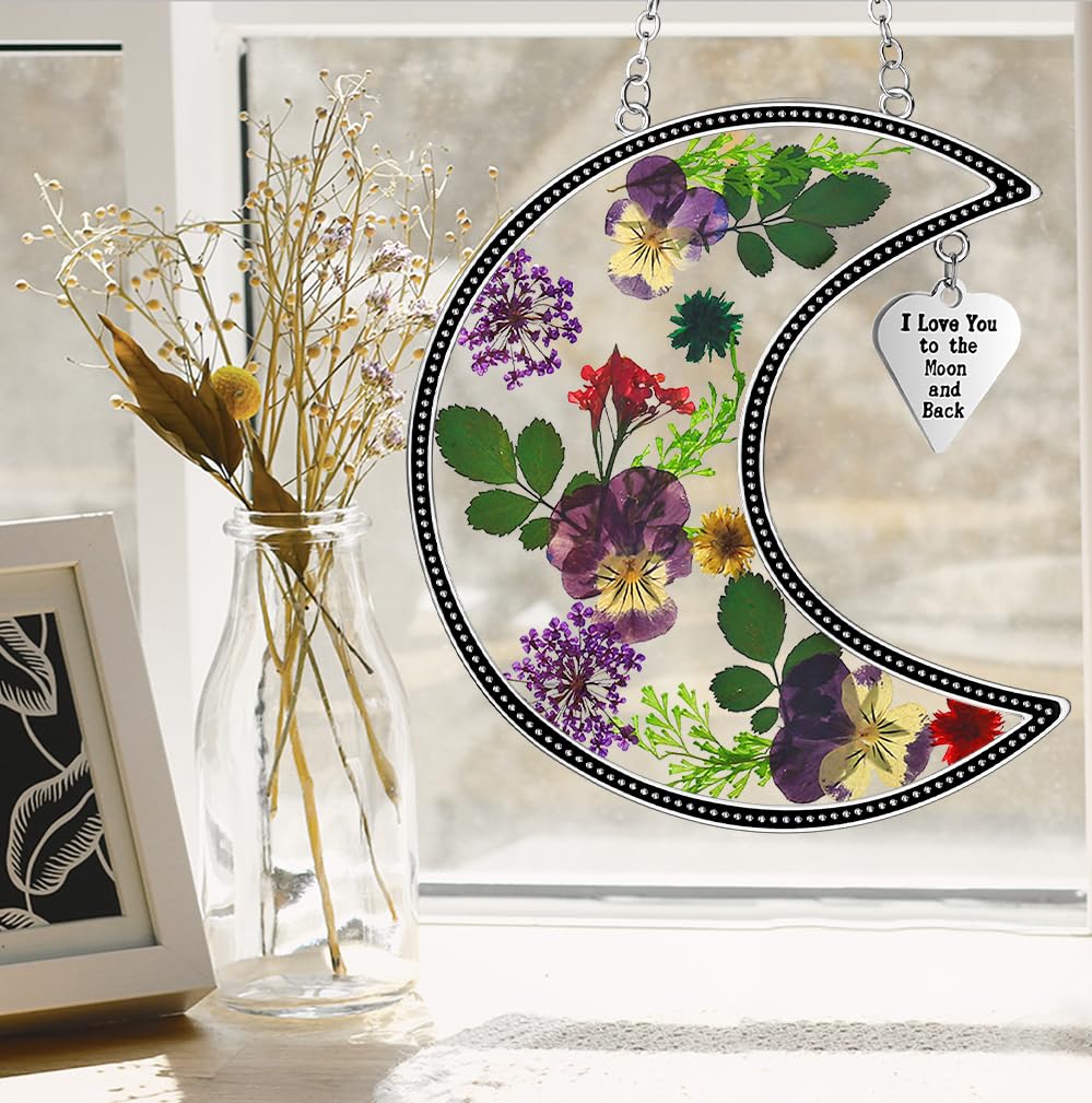 KY&BOSAM Moon Suncatcher I Love You to The Moon and Back Stained Glass for Window Hangings Wind Chime Decor with Pressed Real Flower and Metal Charm Birthday Gift for Women Mom Mother`s Day Christmas