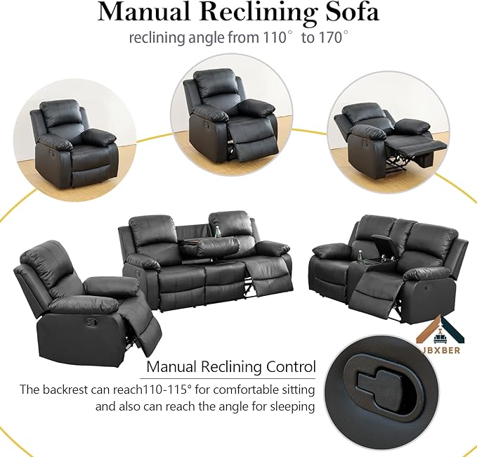 JBXBER Manual Recliner Sofa Set for Living Room, Leather Reclining Sofa Sets, Faux Leather Couch Set with Cup Holders, Drop-Down Table and Storage Console(3 Piece Set,Black)
