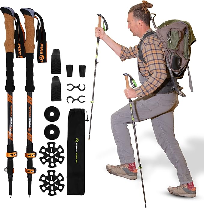 Pike Trail Trekking Poles - Lightweight Carbon Fiber Collapsible Sticks for Walking and Hiking - for Men and Women - Adjus...