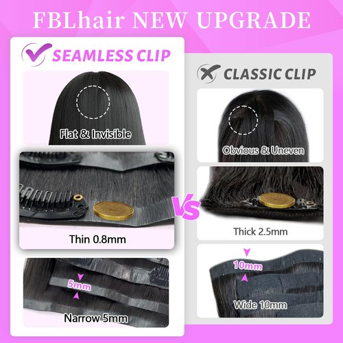 FBLhair 20 inch Seamless Body Wave Clip in Extensions Real Human Hair Extensions Clip Ins 110g 7pcs Thick Invisible Clip in Hair Extensions #1B Natural Black