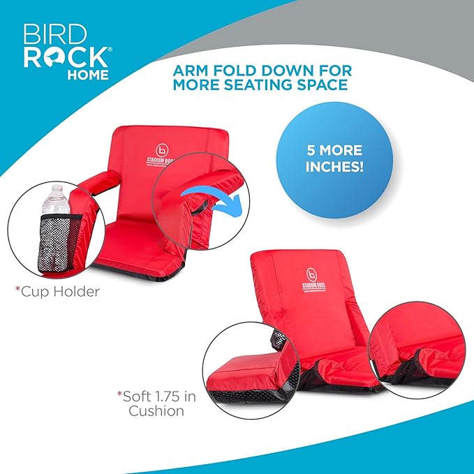 Stadium Boss Recliner Stadium Seat for Bleachers, Benches, Lawns, Backyard, Camping & Beach – Padded Sport Chair, Cushion Backs & Armrest – 6 Reclining Positions – Portable Carry Straps – Red