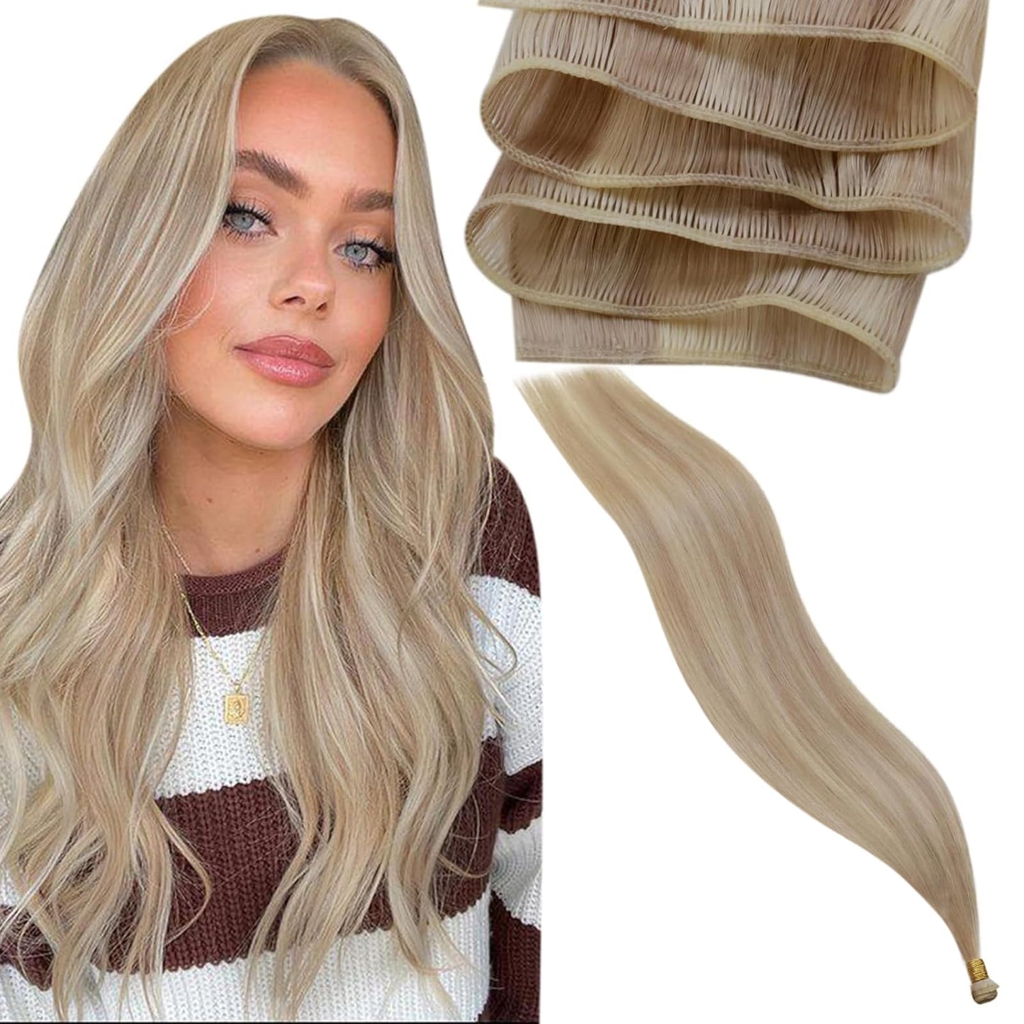 LaaVoo Genius Weft Hair Extensions Human Hair Blonde Sew in Weft Extensions Real Human Hair Blonde Highlights 25g 16 Inch
