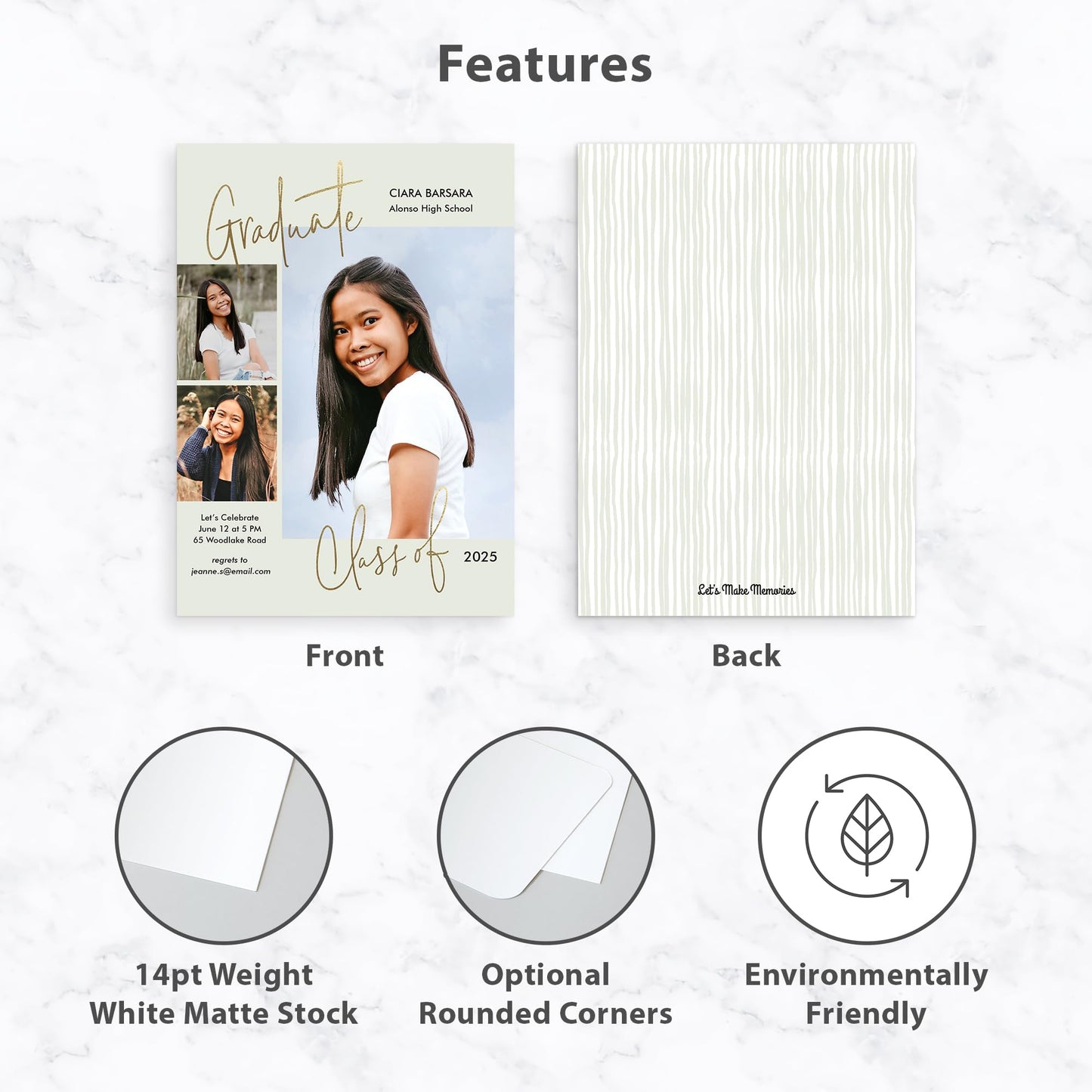 Let's Make Memories Personalized Graduation Announcements Class of 2025-15 Premium Quality Invitations - 5x7 - Custom Photo Cards & White Envelopes - Sage Scholar - 15 ct