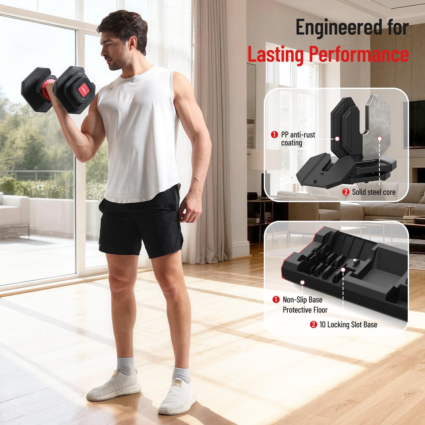 HXD-ERGO 15 IN 1 Adjustable Dumbbell Set/Single, 1-Second Quick Change Weights, 55/110 LBS Free Weights Adjustable Dumbbell with Anti-Slip Grip & Secure Lock, Space-Saving Home Gym Equipment for Men/Women Full Body Workout (Pair, 110LBS)