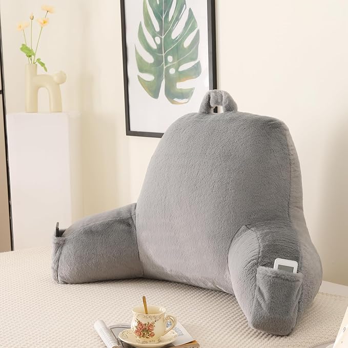 PAJEO Reading Pillow for Sitting in Bed, Large Backrest Reading Pillow with Arm Rest,Back-Rest Support Cushion for Sit Up on Couch, Sofa, and Floor, Dorm Essentials (Gray Faux Fur, Large(19"))