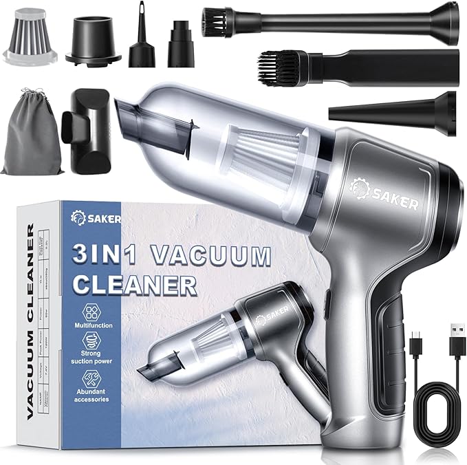Saker Handheld Vacuum Cleaner Car Wireless Mini Vacuum Cleaner 3 in 1 Multifunctional Brushless Motor 12000PA,Portable Handheld Car Vacuum Cleaner for Keyboard Cleaning, Outdoor and Home