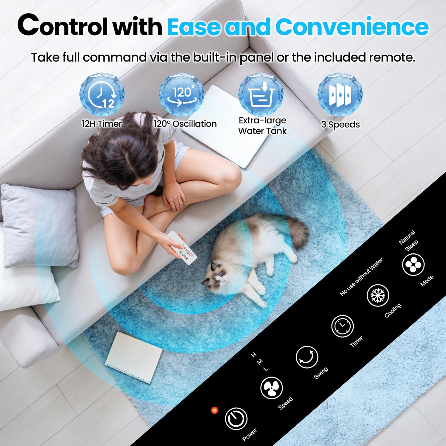 Portable Swamp Cooler Air Conditioner, 4-in-1 Evaporative Air Cooler with 7.5-Gal Tank for 30H Cooling, Dry-Burn Protection, Remote, 12H Timer, 4 Ice Packs, 120° Oscillation for Home Office Garage