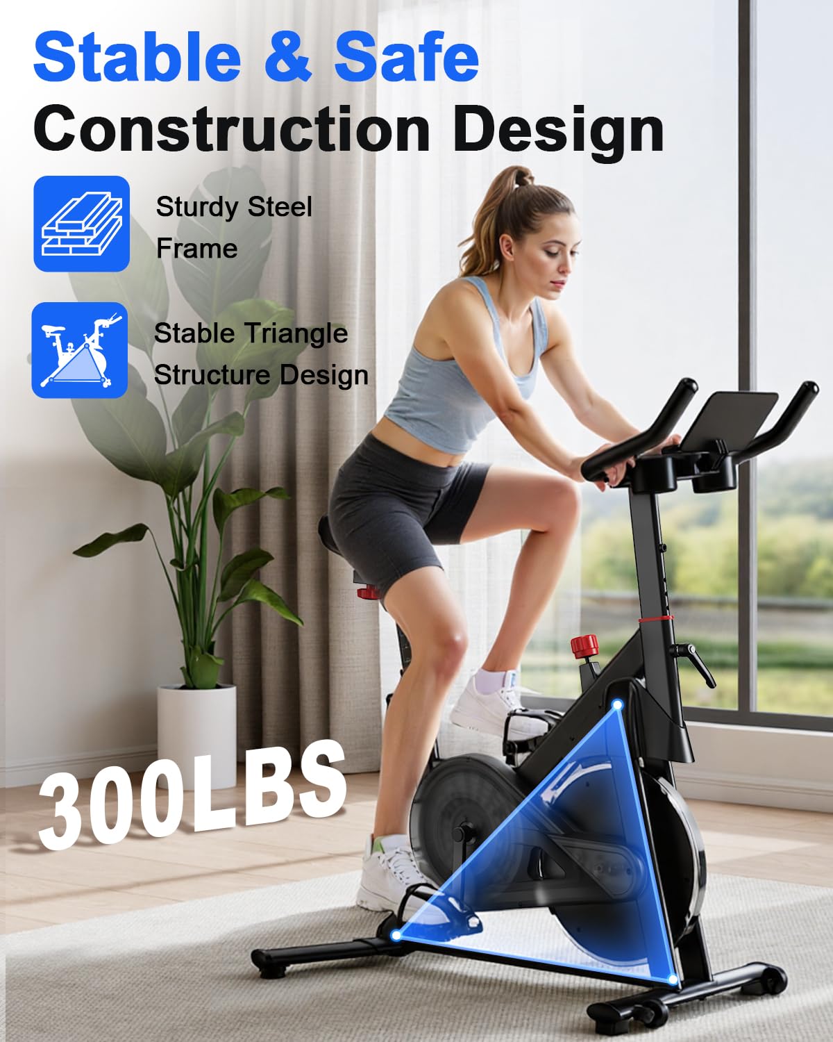 Superun Exercise Bike, Stationary Bikes for Home with Brake Pad, Low Noise Spin Bike with 300LBS Weight Capacity, Indoor Cycling for Home Gym with Pad Mount LCD Monitor and Cup Holder
