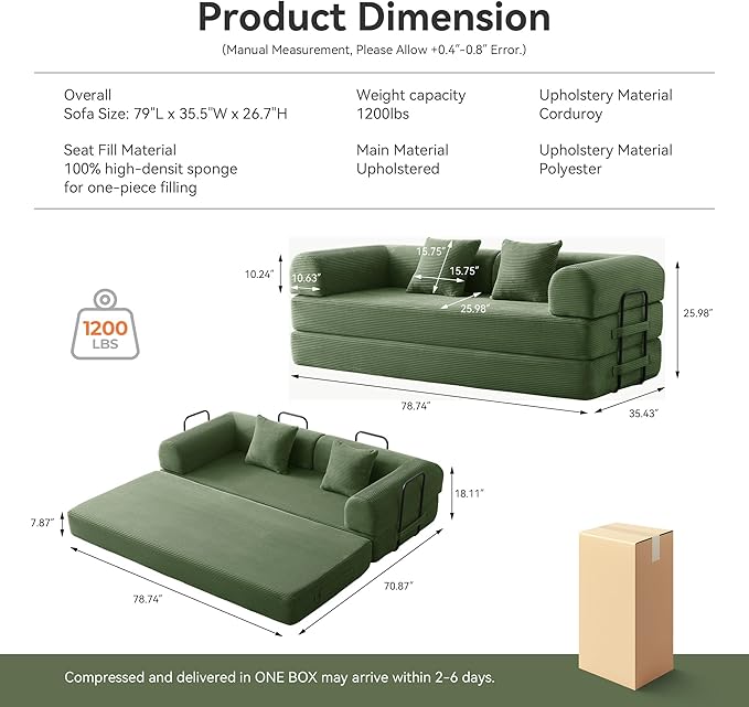 ZQRhome 79" 5-in-1 Convertible Sofa Bed, Premium Sleeper with Reinforced Frame & Plush Corduroy, No Assembly Modular Couch for Lounge, Guest Room & Small Space, Olive Green