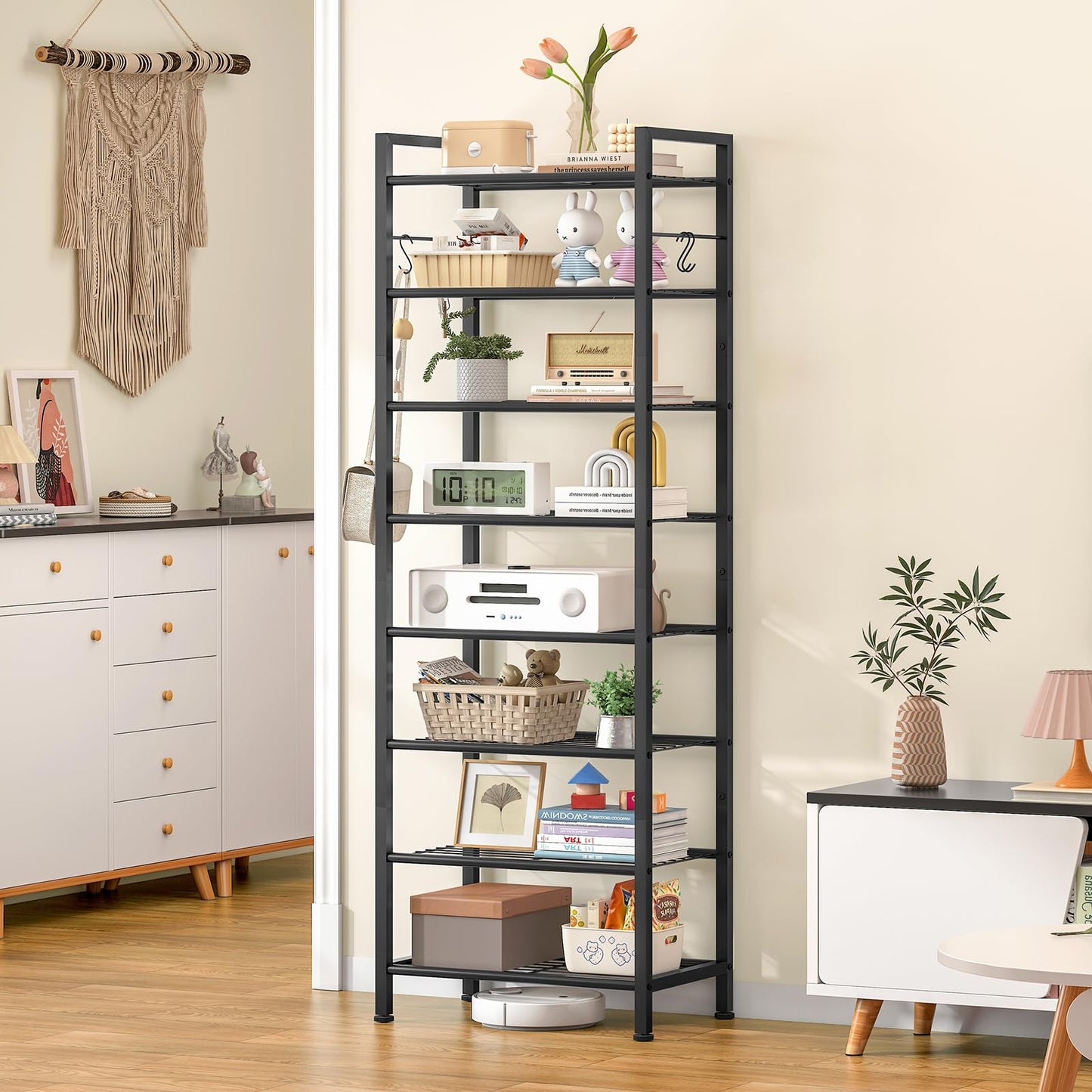 usikey 8 Tiers Narrow Shoe Rack 16-24 Pairs, Sturdy Metal Tall Shoe Rack with 4 Hooks, Slim Shoe Storage Organizer with Metal Shelf, Space Saving Vertical Shoe Shelf for Entryway, Closets, Black