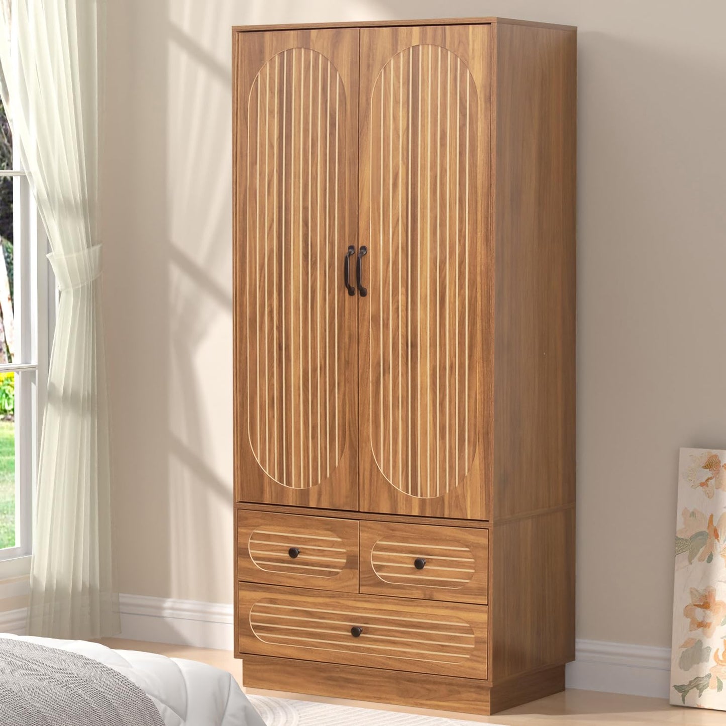 Jluomei Armoire Wardrobe Closet with Doors, Wardrobe Cabinet with 3 Drawers, Wooden Large Clothing Storage Cabinet with Hanging Rod and Shelf, Mid-Century Modern Tall Closet for Bedroom, Walnut