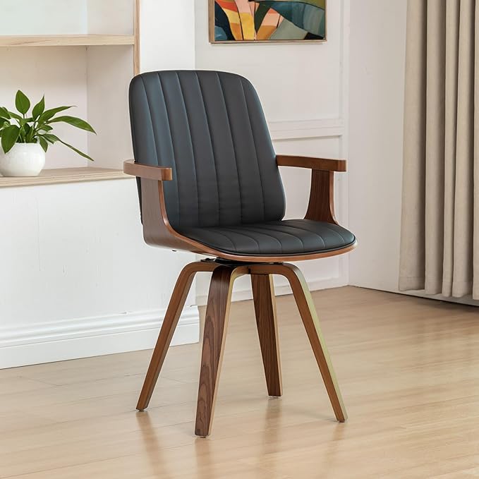 WUPOTO Set of 1 Swivel Dining Chairs, Kitchen Swivel Chairs with Walnut Craftsmanship, Upholstered Faux Leather, Wooden Arms and Legs, Walnut Dining Chairs for Kitchen/Living Room - Black