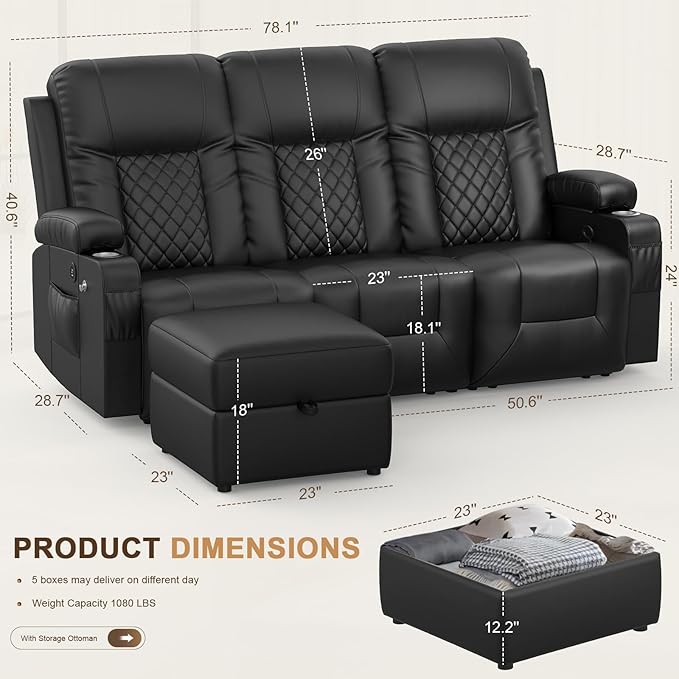 FURNIMAT Recliner Sofa with Storage Ottoman, 3 Seats Dual Reclining Sofa, PU Leather Loveseat Couch, Modern Recliner Chair for Living Room, with Cup Holder and 2 Cell Phone Holder, USB Ports