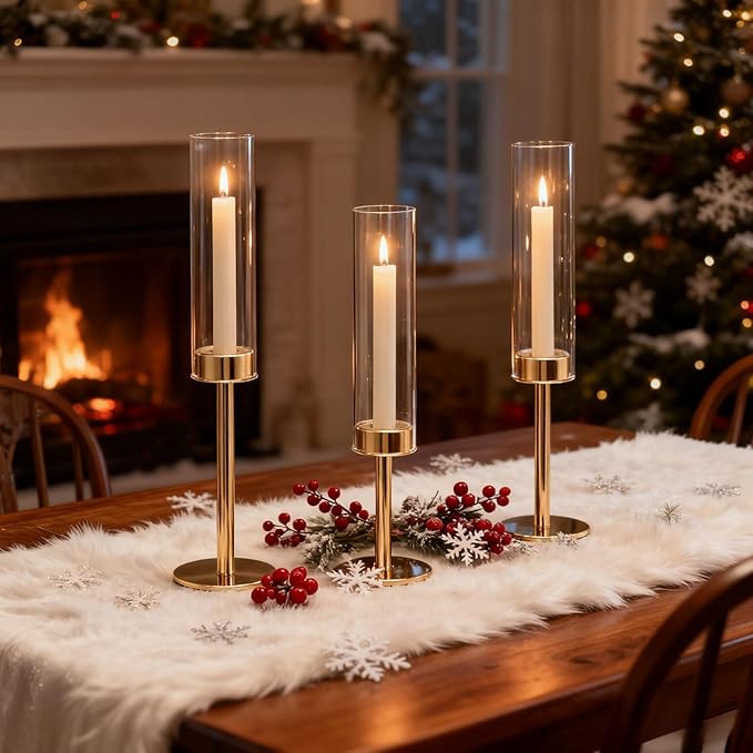 Gold Hurricane Candle Holders Set of 3, Tall Metal & Windproof Glass Taper Candle Holders, Brass Candlesticks Holder Decor...