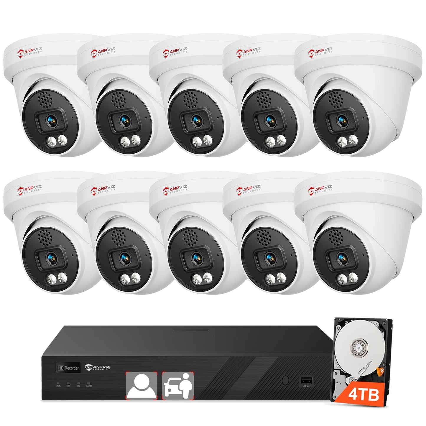 [Two Way Audio] - Anpviz 16CH 4K PoE Security Camera System, 10x 8MP Wired IP Turret Cameras Outdoor, Active Deterrent, Human Vehicle Detection, 12MP PoE NVR with 4TB HDD for Business, 0 Monthly Fees