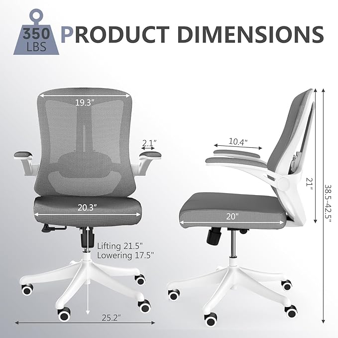Office Chair, Ergonomic Comfort Home Desk Chair, Mid Back Gaming Chair with Wheels, Adjustable Height, Lumbar Support, Flip-up Armrest with 350LBS Capacity