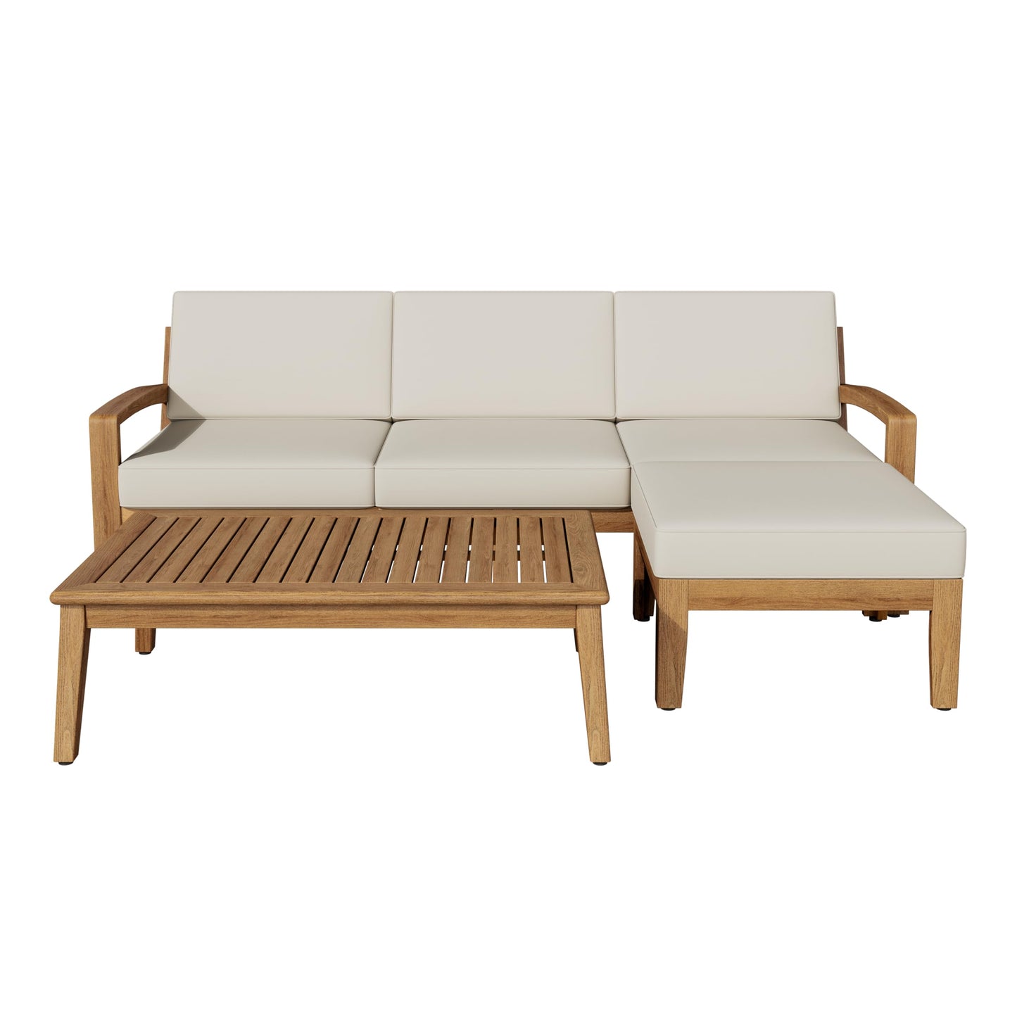 Merax 5-Piece Patio Furniture Set, Acacia Wood Outdoor Sectional Sofa with Ottoman & Coffee Table, Water-Resistant Cushions, Couch for Backyard, Deck, Garden, Teak + Beige