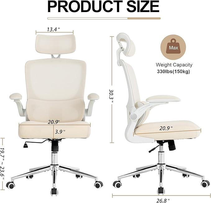 BOWTHY Ergonomic Office Chair,Home Mesh Office Desk Chairs,High Back Chair 330 LBS,Swivel Computer Task Chair with Adjustable Lumbar Support,Up&Down Flip-Up Arms,Rocking Function (Beige)