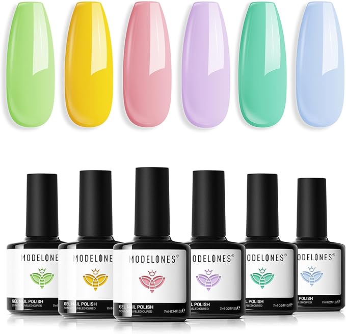 modelones Spring Gel Nail Polish Set, 6 Colors Pastel Yellow Green Pink Purple Blue Shades Pale Macaron Light Colors Nail Art Gel Design for Women Girl Nail Lovers Gift Salon DIY