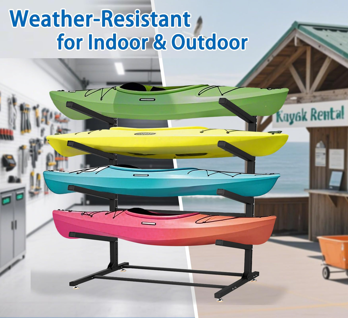 Kayak Rack Freestanding, Heavy-Duty Kayak Storage Rack W/Non-Slip EVA Pad/Powder-Coated Steel/Hooks Adjustable Paddle Board Canoe Racks for Outdoor Storage, Weather-Resistant Kayak Stands for Garage