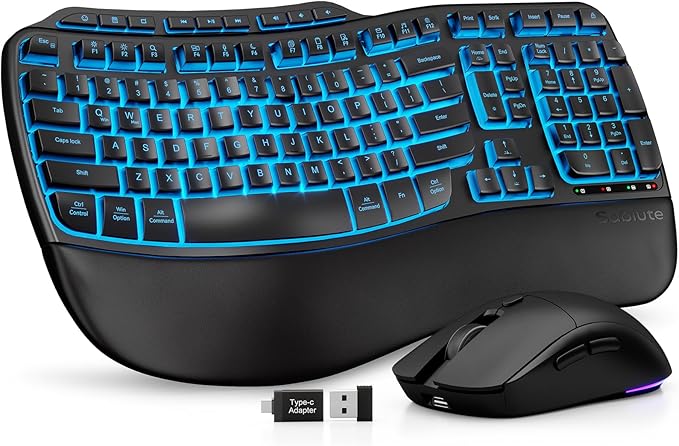 Ergonomic Wireless Keyboard and Mouse Combo, Rechargeable 4000mAh Backlit Keyboard with a Soft, Faux Lambskin Palm Rest, W...