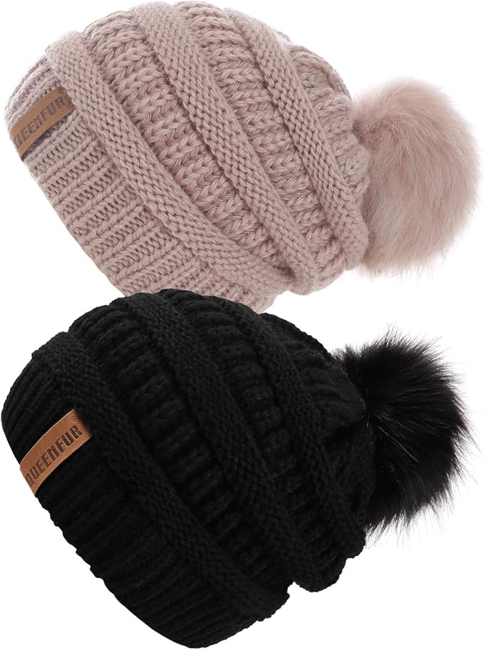 QUEENFUR Women Knit Slouchy Beanie Chunky Baggy Hat with Faux Fur Pompom Winter Soft Warm Ski Cap