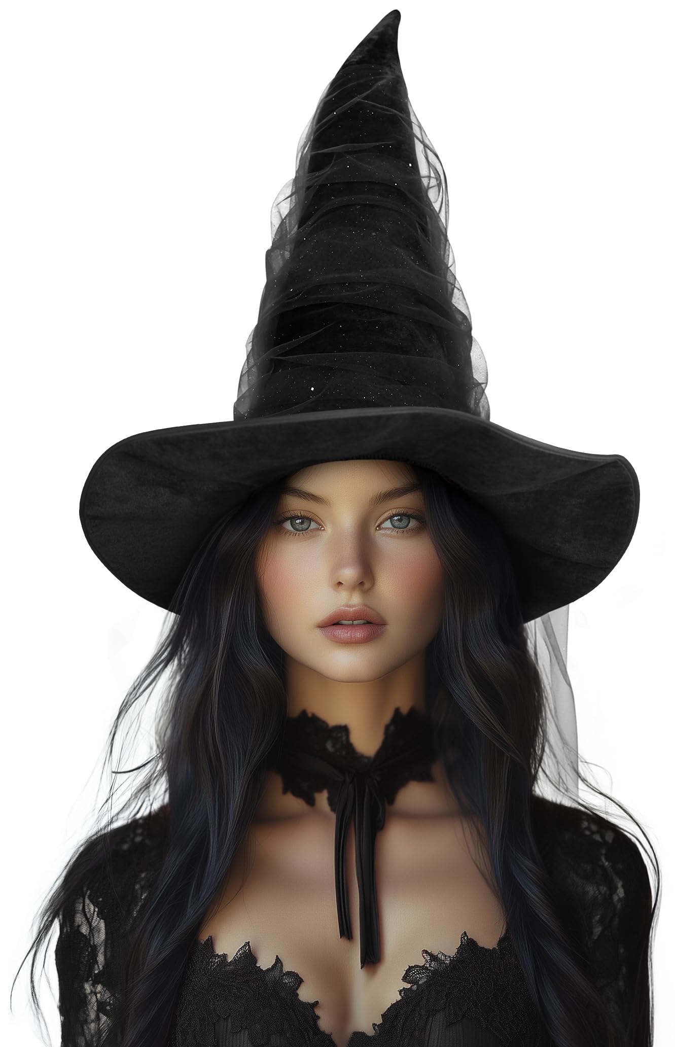 UQJE Women's Black Witch Hat Adult Mesh Witches Hat Halloween Costume-18in