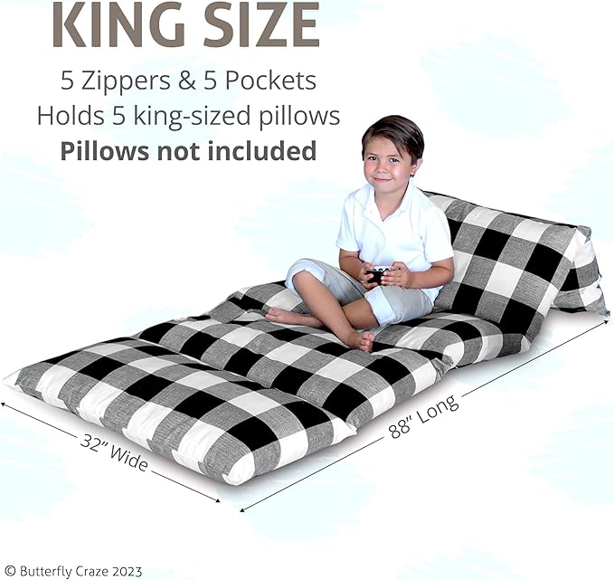 Butterfly Craze Floor Pillow Case - Transforms into Floor Bed & Sleep Mat - Ground Seating & Studio Apartment Essentials - Portable Guest Bed & Folding Mattress Alternative - King, Black/White