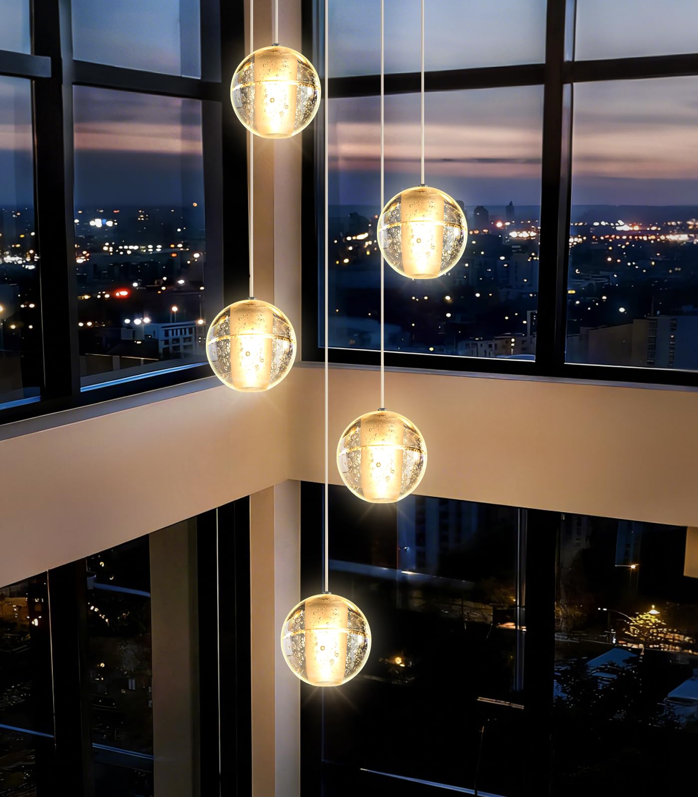 HAIXIANG 5 Lights Globe Chandelier Modern Crystal Glam Light LED Warm Light Pendant Lights for Dining Room Kitchen Island Brushed Nickel Lighting Fixture
