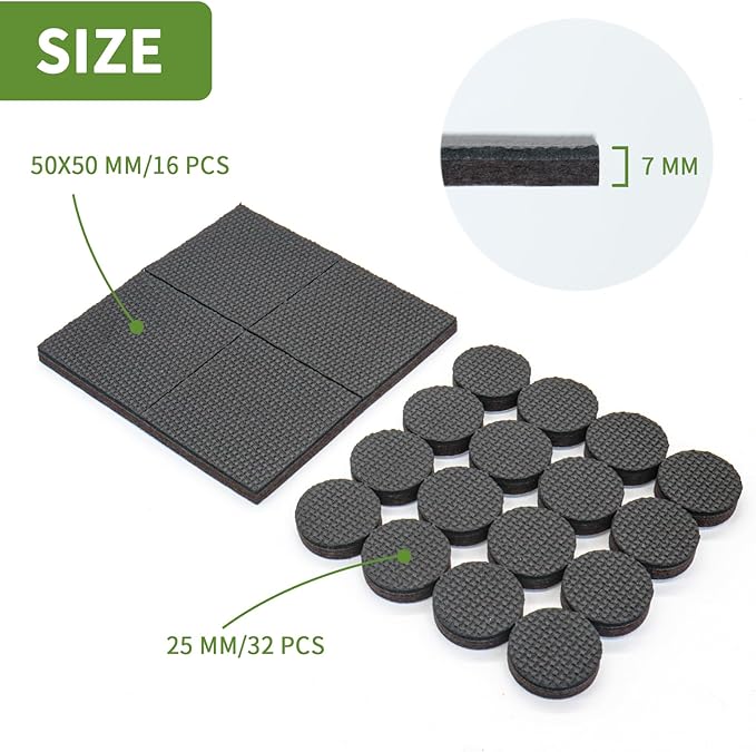 COVERCORNER Non Slip Furniture Pads 48 PCS - 32 pcs 1” Round + 16 pcs 2" Square - Anti Slip Furniture Pads - Self Adhesive Rubber Feet Furniture Feet - Chair Leg Floor Protectors