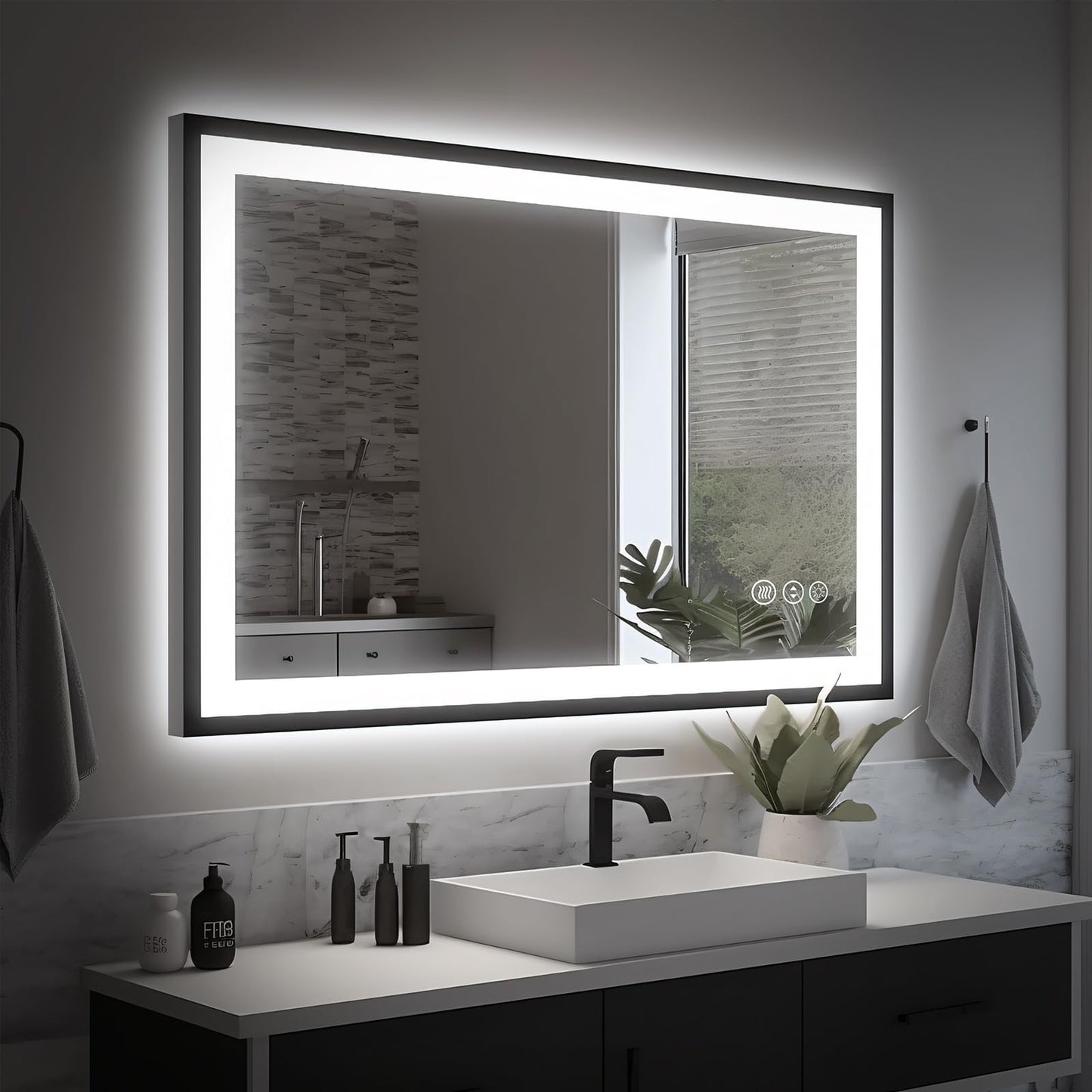 EchosLife 40x24 LED Bathroom Mirror - Black Aluminum Framed, Front and Backlit, Anti-Fog, Stepless Dimmable Lighted, 3 Colors Smart Vanity Mirror (Horizontal/Vertical)