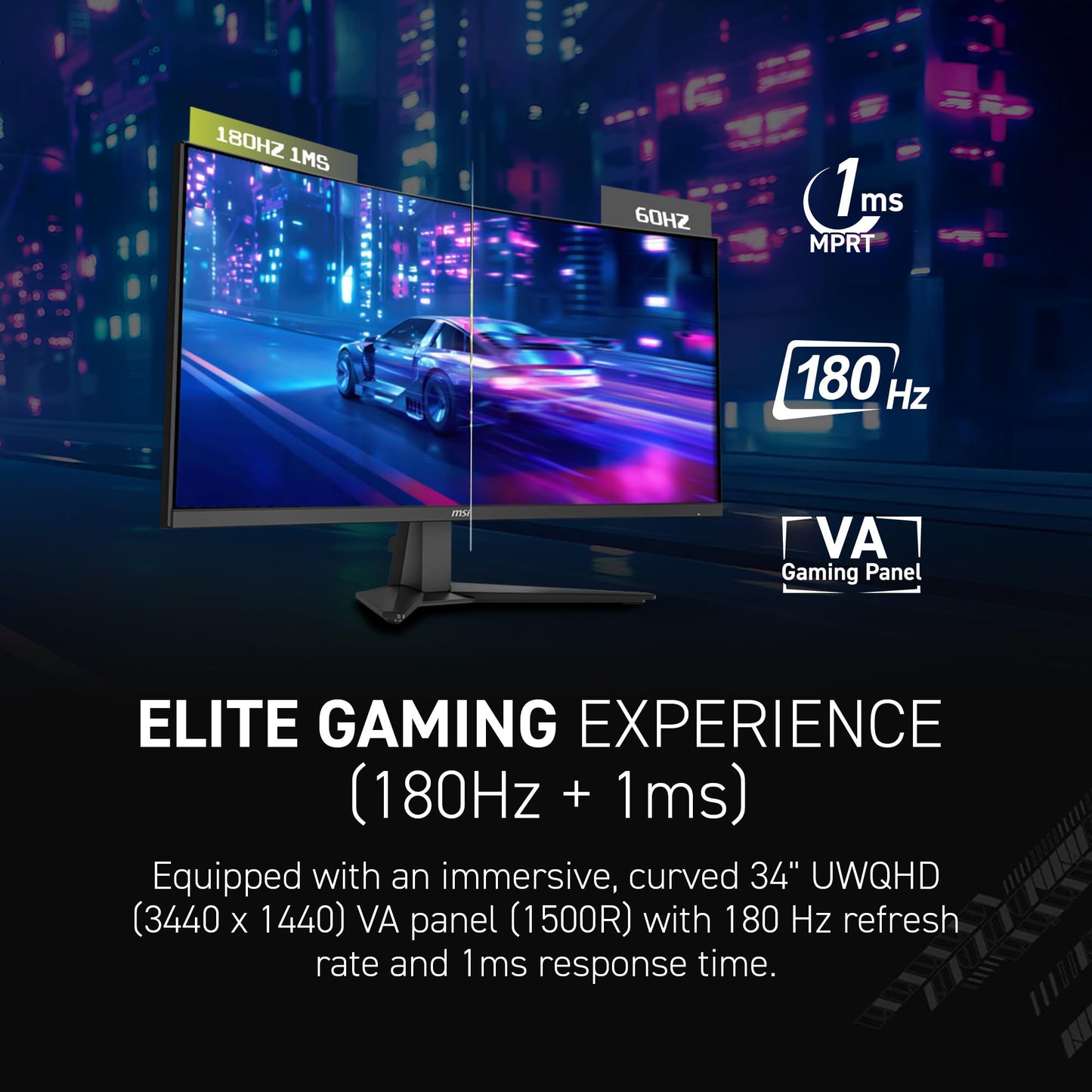 msi MAG 346CQ 34-inch 3440 x 1440 (UWQHD) Gaming Monitor, 180Hz, FreeSync Premium, HDMI, DisplayPort, VESA Mountable, Tilt, Height Adjustable, Speaker, 1ms, Black