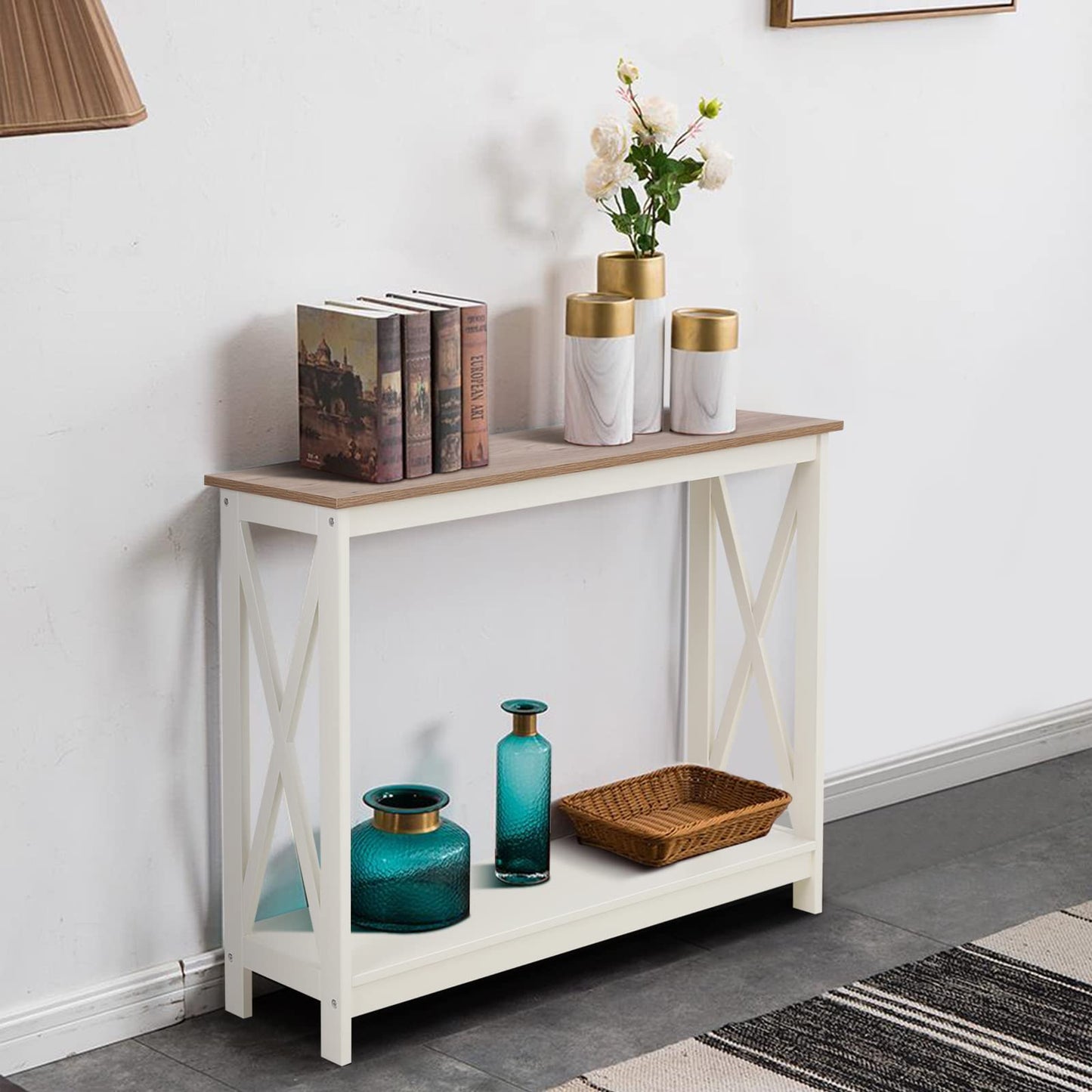 Sophia & William Console Table with Storage Shelf, 2 Tier Farmhouse Sofa Table for Entryway, Hallway, Living Room, Ivory