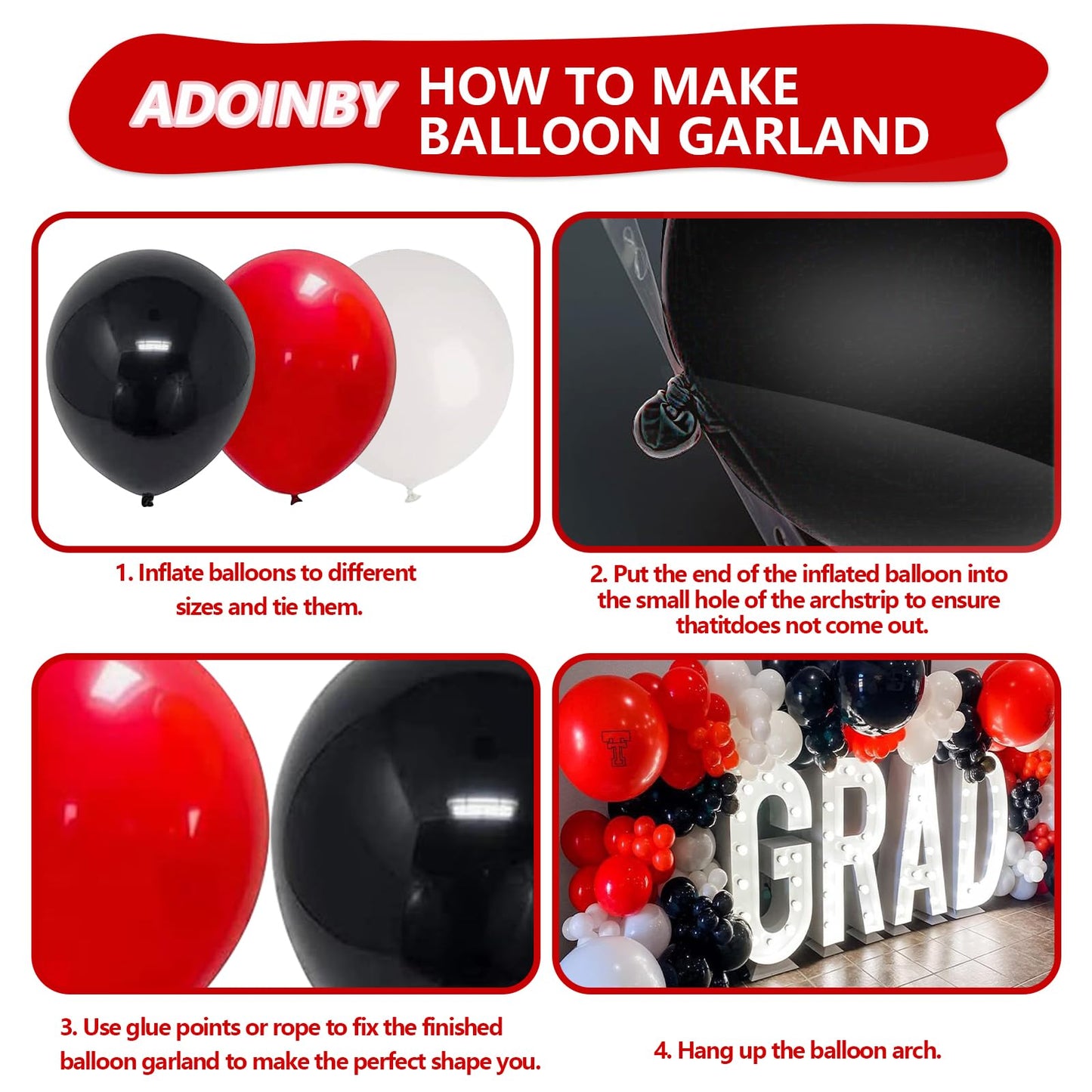 Red Black and White Balloon Arch Kit, ADOINBY 140Pcs Red and Black White Silver Garland kit, 18 12 10 5 Inch Different Size Balloons for Birthday Party Anniversary Racing Car New Year Prom Decorations