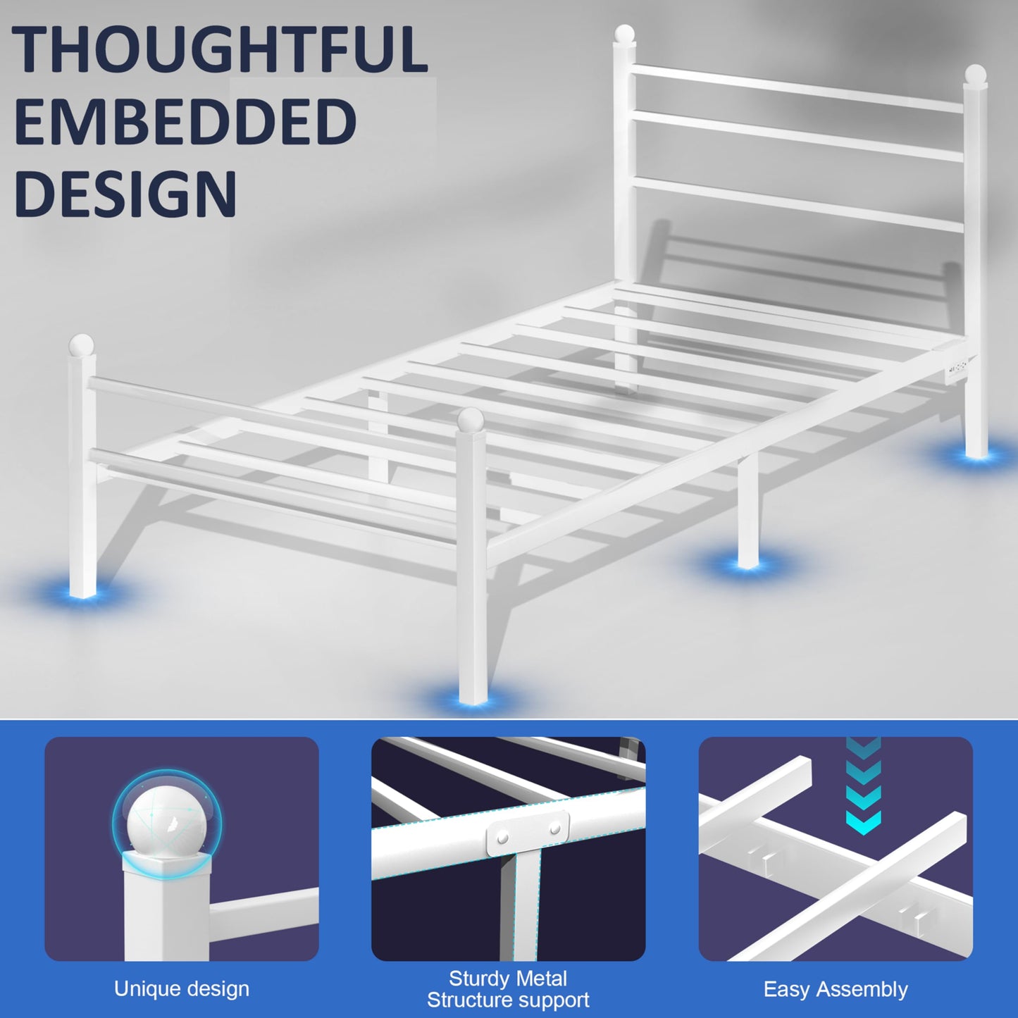 J.Fkne Twin Bed Frame with LED Lights & Charging Station, Metal Platform Bed with Headboard, Heavy Duty Metal Slats, No Box Spring Needed, Noise Free, Easy Assembly, White