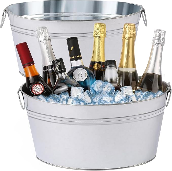 2pcs Galvanized Ice Buckets, 7.2 Gallon Large Galvanized Tub with Carry Handles, Ice Bucket for Parties, Mimosa Bars, Beve...