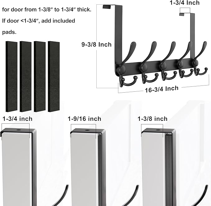Dseap Over Door Hook 2.0 - Upgraded Version - Simple-Assembly, Strong, Heavy-Duty Stainless Steel 5-Tri-Hook Over The Door Hanger Rack, SimpleStrong Series, Black, Pack of 2