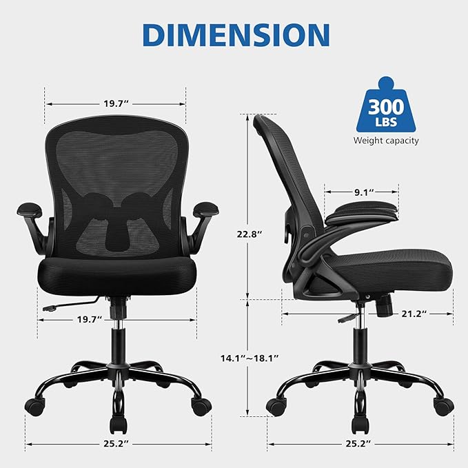 Winrise Office Desk Chair, Ergonomic Breathable Mesh Computer Chair Home Office Desk Chairs with Adjustable Lumbar Support & Flip-up Arms (Black, 4 Pack)