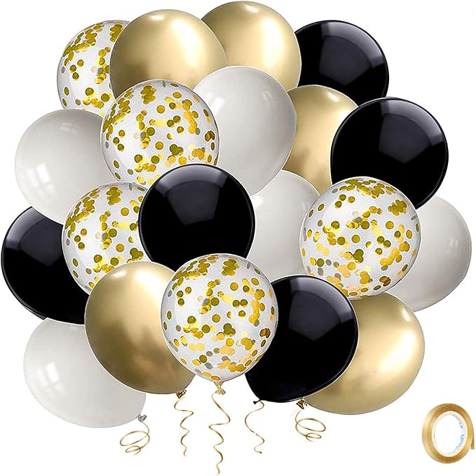 Black and Gold Confetti Balloons, 50 Pack 12inch White Latex Party Balloon Set with Gold Ribbon for New Year Graduation Bi...