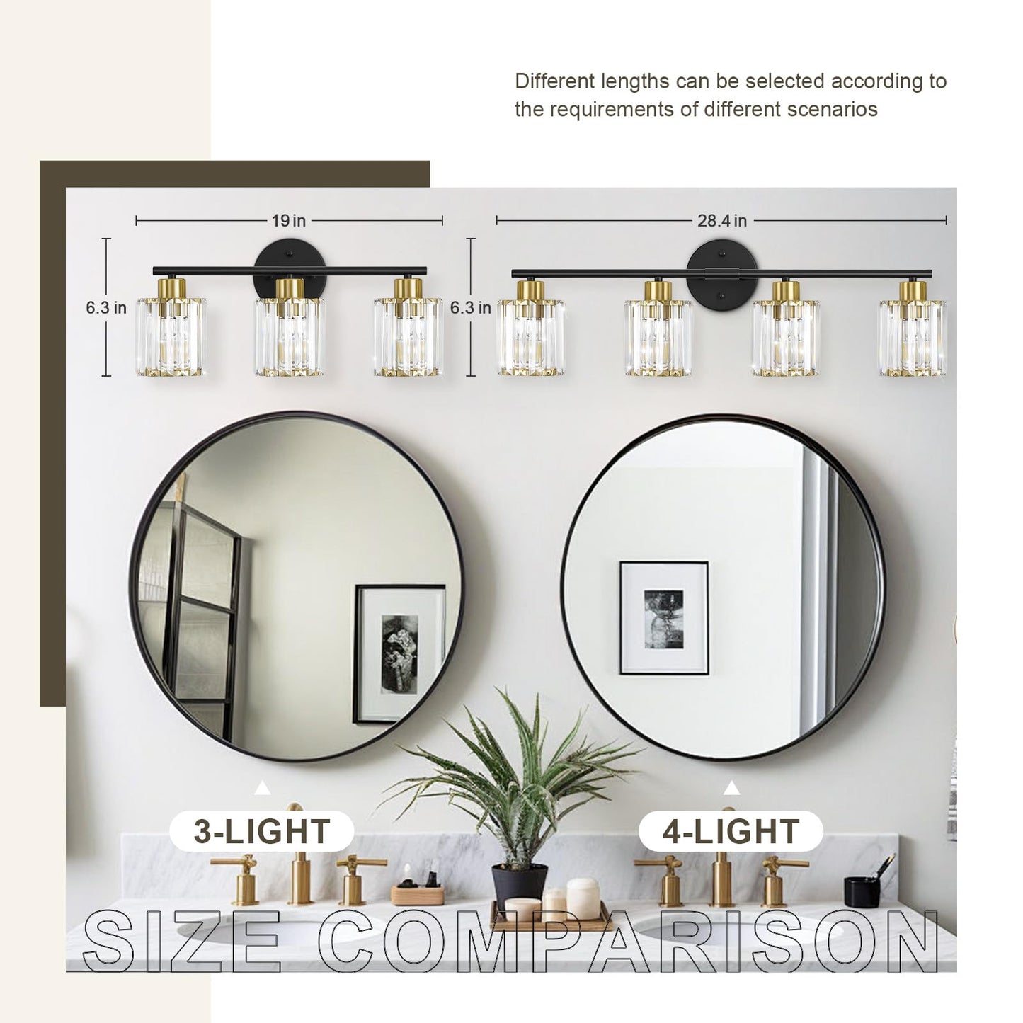 Kvhiiw Crystal Bathroom Light Fixtures, Bathroom Lighting Fixtures Over Mirror, Modern Black Gold 4-Light Vanity Lights for Mirror, Restroom, Bedroom (Ceramic E26 Socket,Bulbs Not Include)