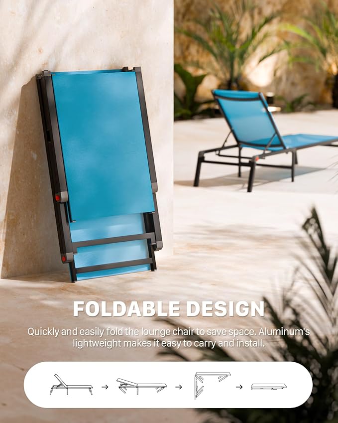 Aluminum Chaise Foldable Patio Lounge Chair Outdoor, Metal Deck Lounger Adjustable 5-Position Recliner Pool Chase Breathable Full Flat Outside Sun Tanning Chairs for Beach/Poolside/Lawn(Blue, 2 Pack)